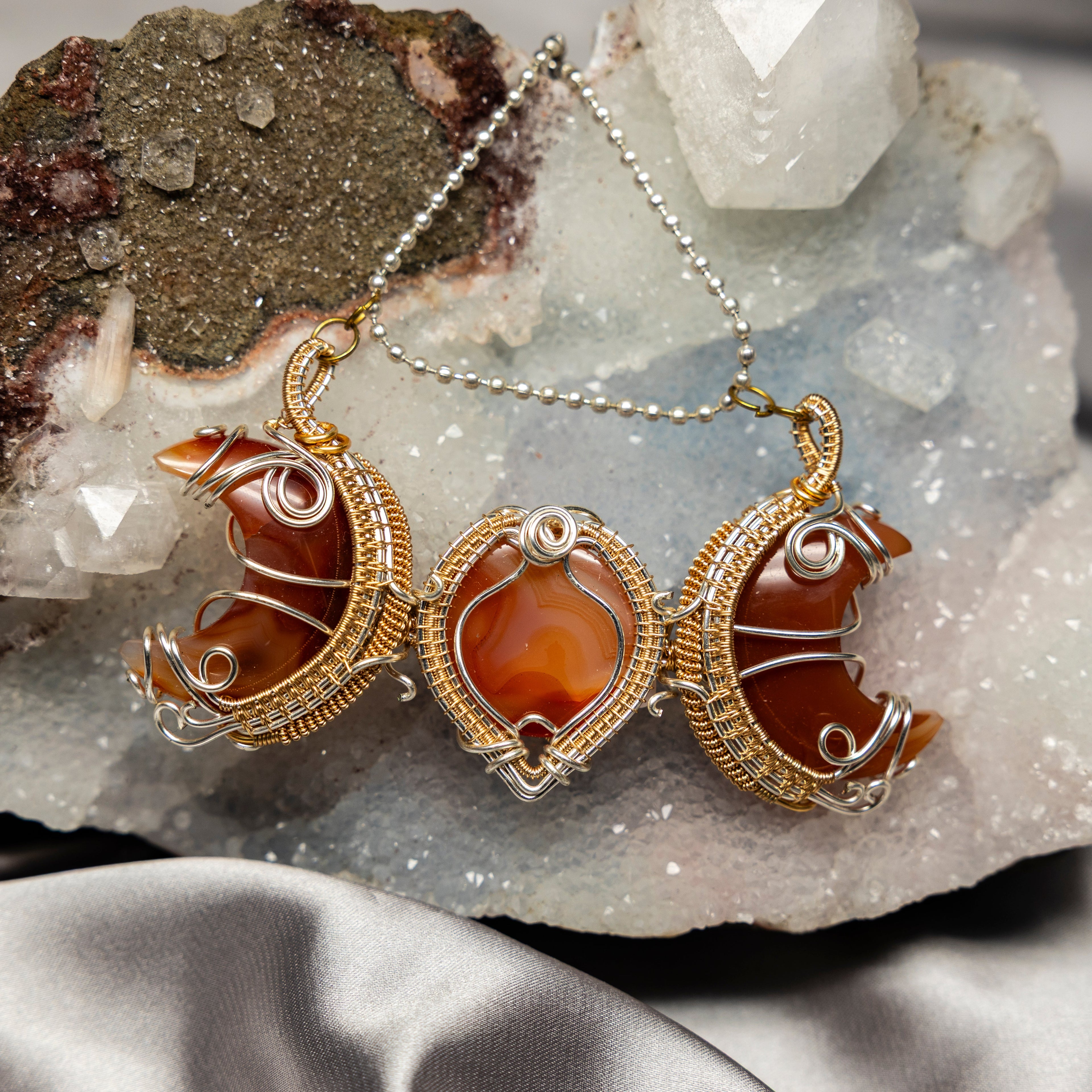 Carnelian Agate 3-Stone Wire Wrap Crystal Pendant - SJB-DIAMOND ELITES