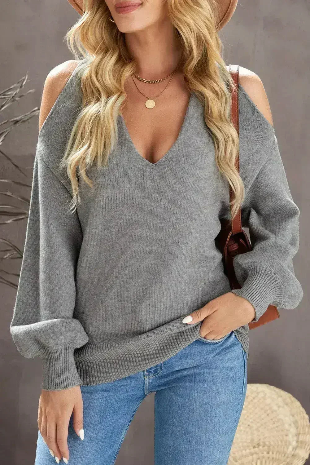 V Neck Cold Shoulder Sweater - SJB-DIAMOND ELITES