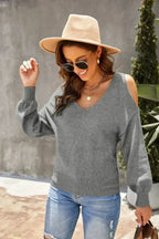 V Neck Cold Shoulder Sweater - SJB-DIAMOND ELITES