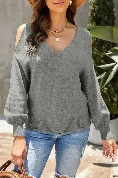 V Neck Cold Shoulder Sweater - SJB-DIAMOND ELITES