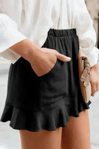 Casual Pocketed Flutter Black Linen Cotton Shorts