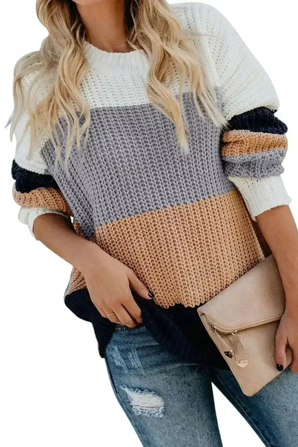 Casual Apricot Color Block Long Sleeve Sweater - SJB-DIAMOND ELITES