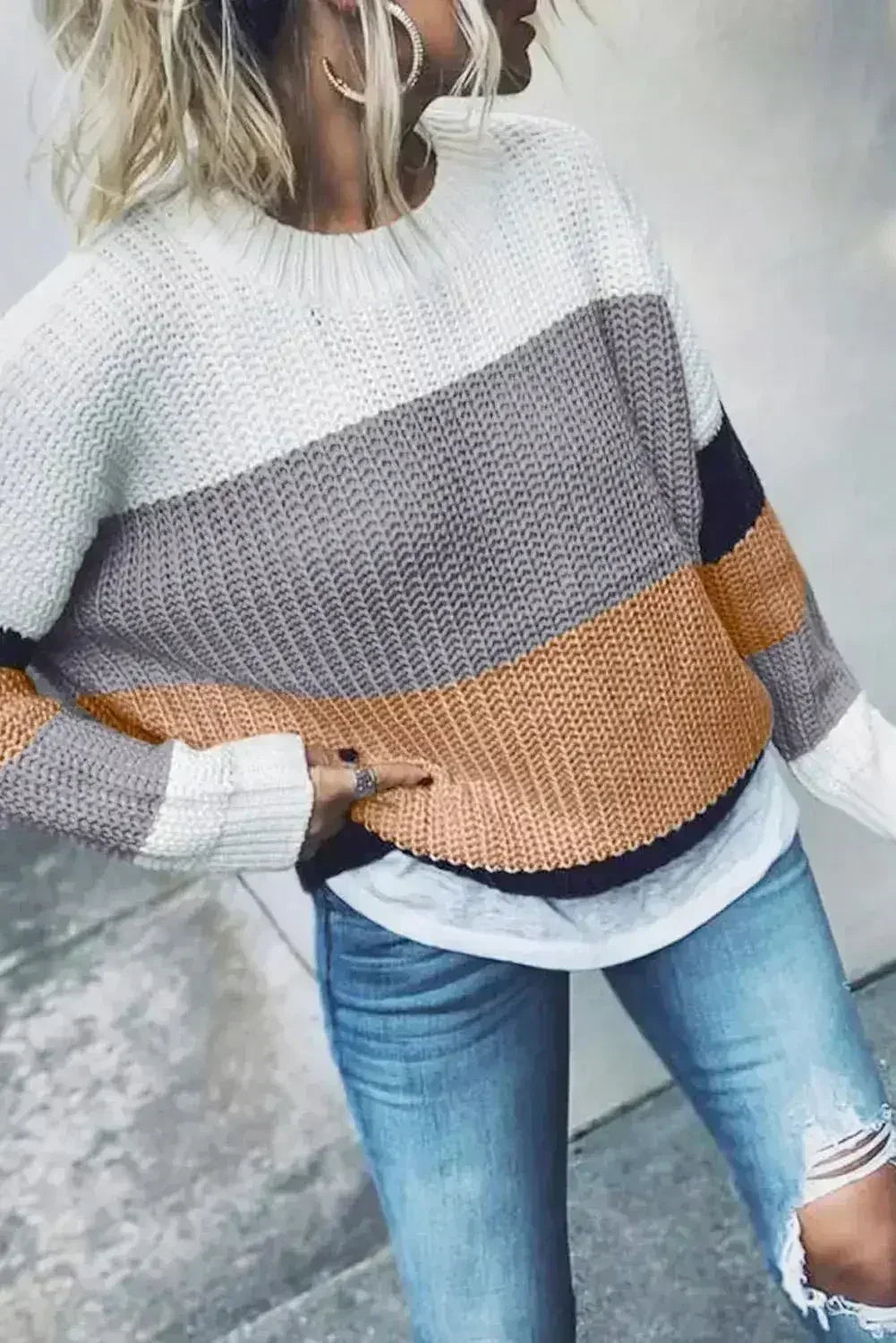 Casual Apricot Color Block Long Sleeve Sweater - SJB-DIAMOND ELITES