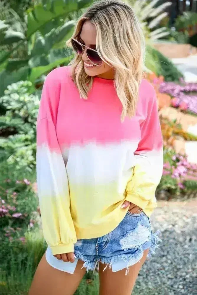 Casual Pink Color Block Tie Dye Pullover Sweatshirt - SJB-DIAMOND ELITES