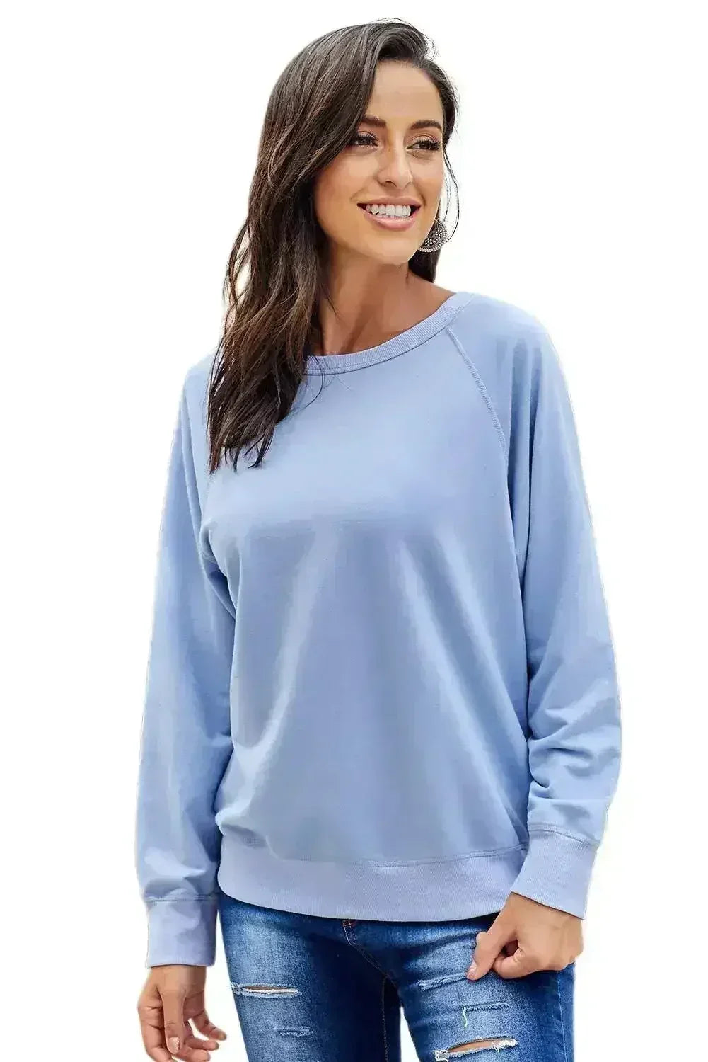 Casual Sky Blue French Terry Cotton Blend Pullover Sweatshirt - SJB-DIAMOND ELITES