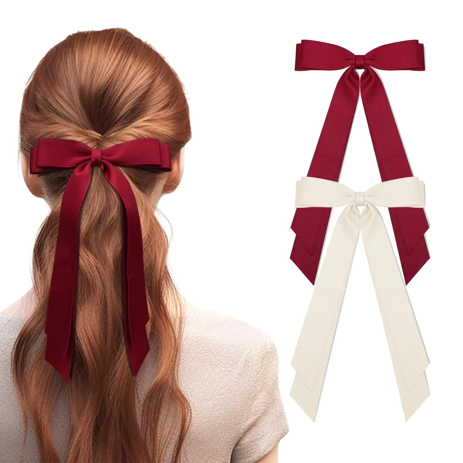 Hair Bows 2Pcs Beige Red Hair Bow for Hair Double-layer Hair Ribbon Bows Hair Clip for Women Girls Hair Accessories Beige/Red Lootquake LLC