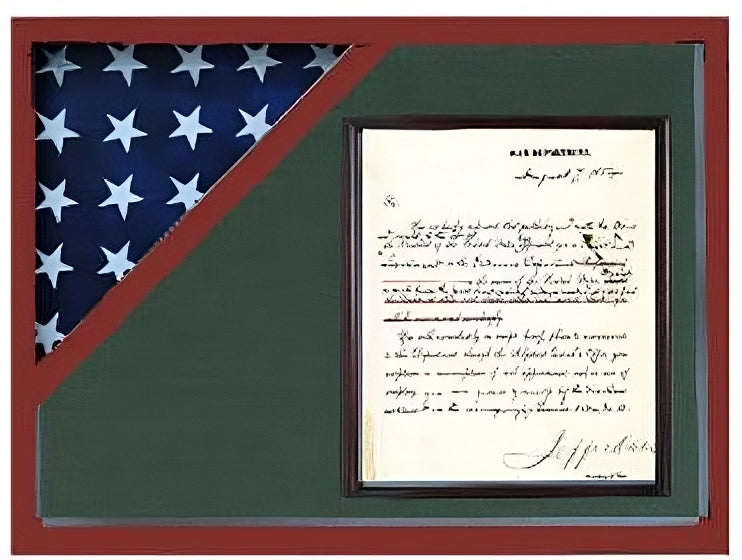 Shadow box for 5' x 9.5' flag with 8.5 x 11 Document holder, Cherry Finish The Military Gift Store