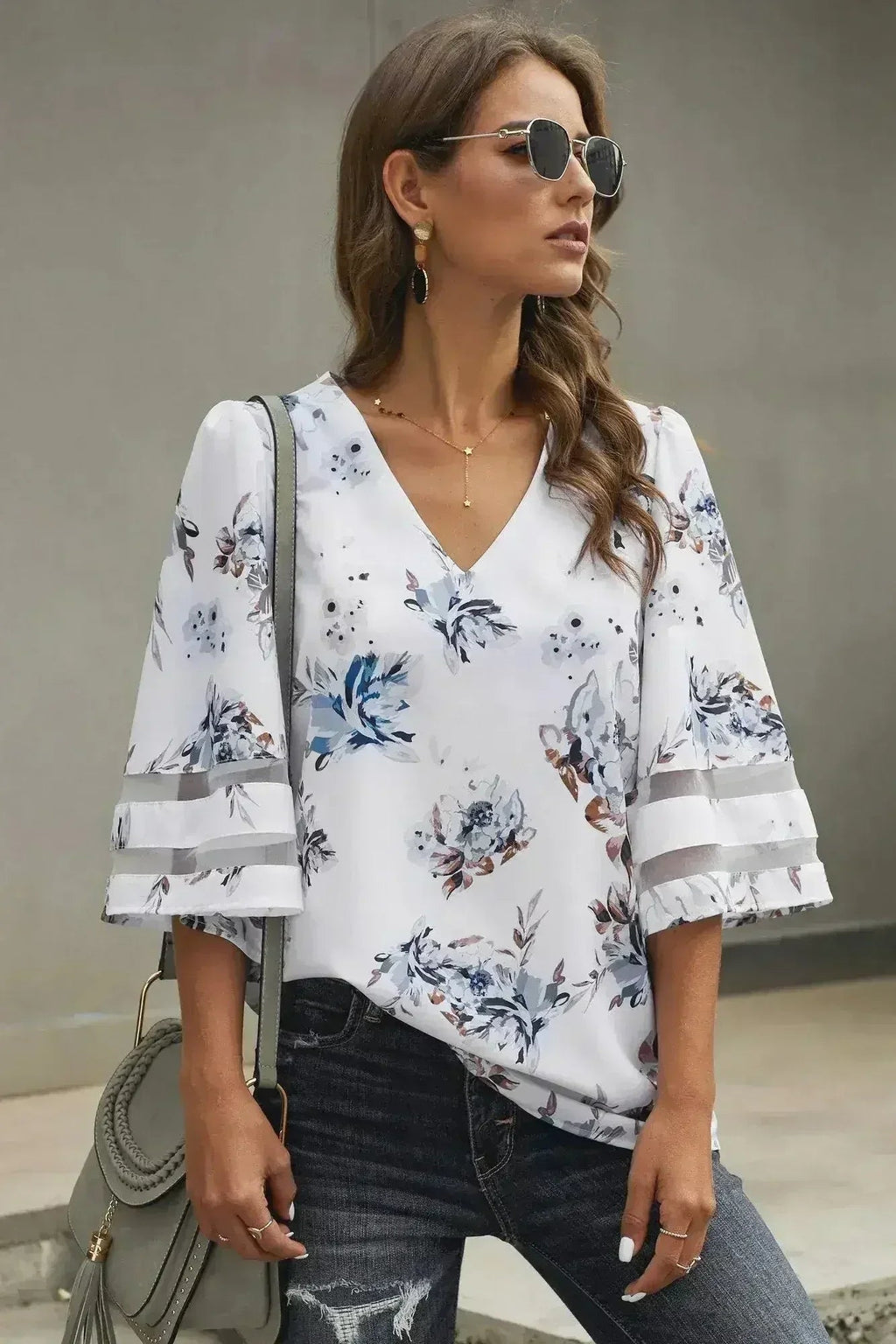 White Floral Blouse with 3/4 Flared Sleeves | Femstylo - SJB-DIAMOND ELITES