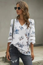 White Floral Blouse with 3/4 Flared Sleeves | Femstylo - SJB-DIAMOND ELITES