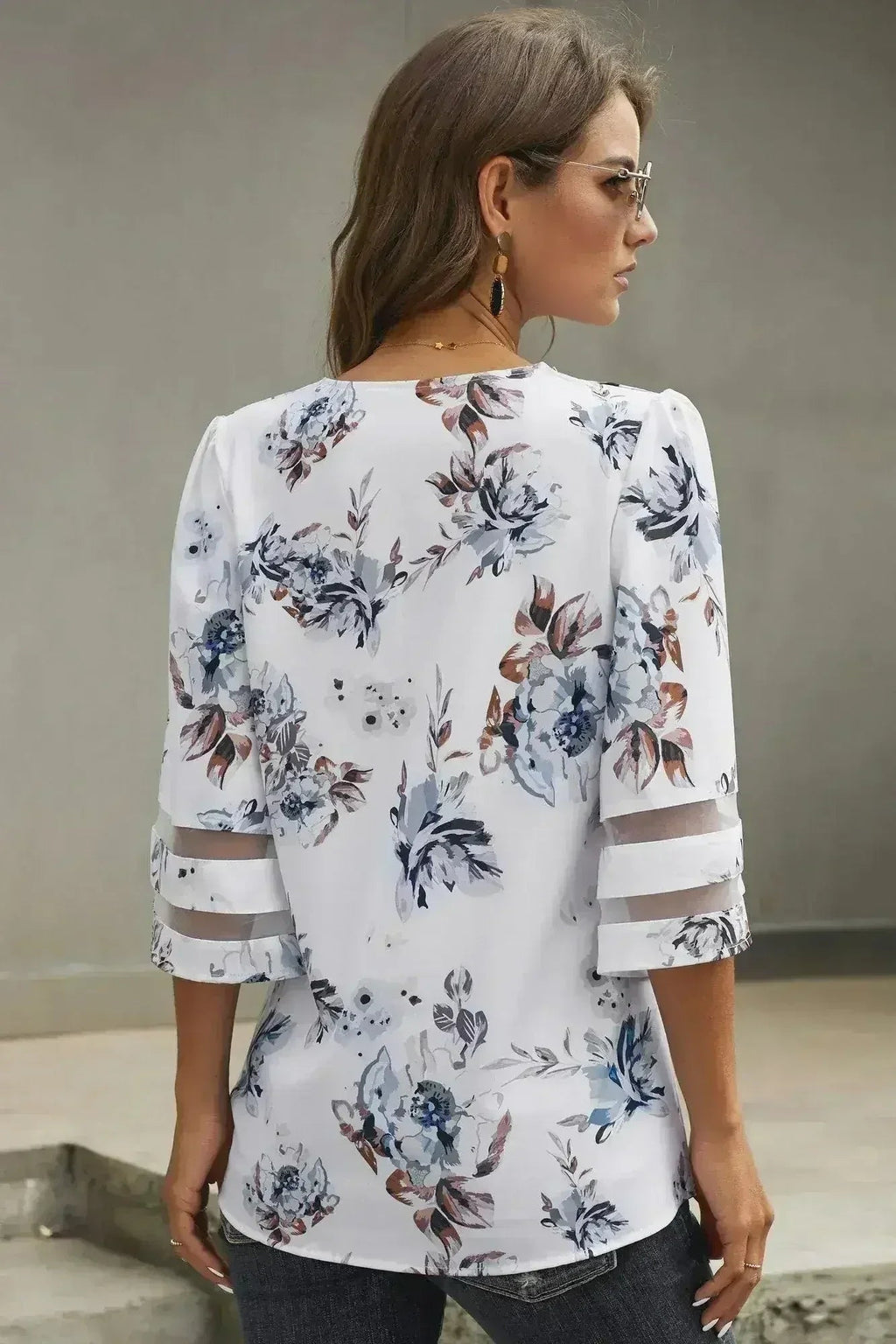 White Floral Blouse with 3/4 Flared Sleeves | Femstylo - SJB-DIAMOND ELITES