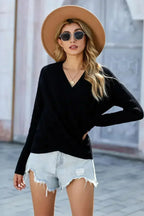 Chic Black Deep V-neck Long Sleeve Knit Sweater - SJB-DIAMOND ELITES