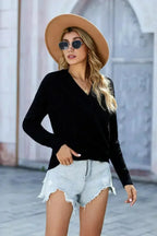 Chic Black Deep V-neck Long Sleeve Knit Sweater - SJB-DIAMOND ELITES