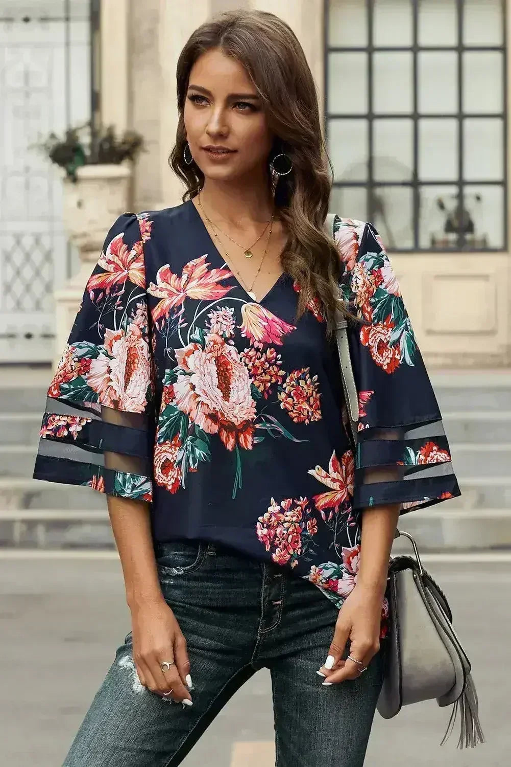 Chic Red 3/4 Flared Sleeve Floral Chiffon Blouse | Femstylo - SJB-DIAMOND ELITES