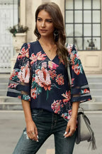 Chic Red 3/4 Flared Sleeve Floral Chiffon Blouse | Femstylo - SJB-DIAMOND ELITES