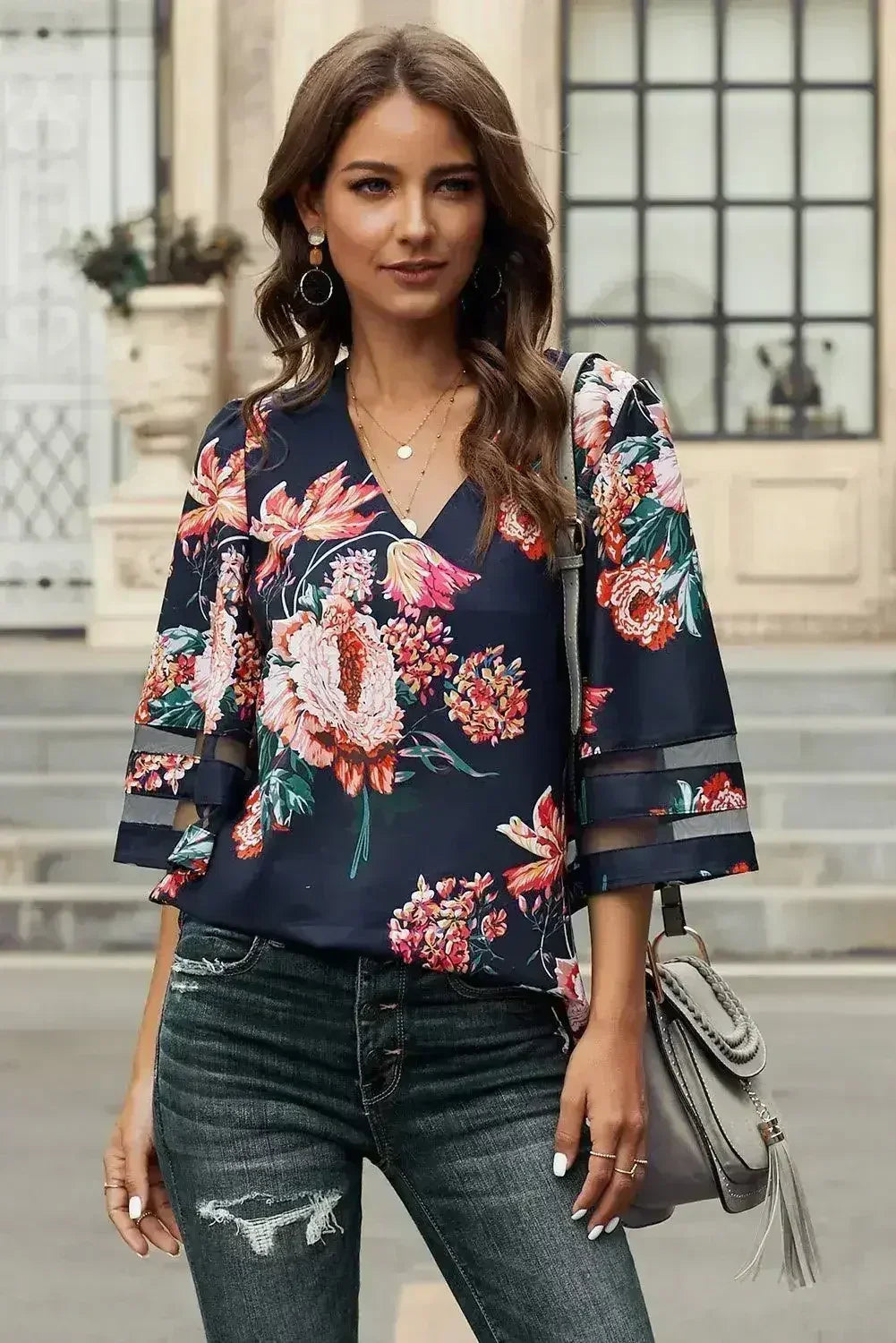 Chic Red 3/4 Flared Sleeve Floral Chiffon Blouse | Femstylo - SJB-DIAMOND ELITES