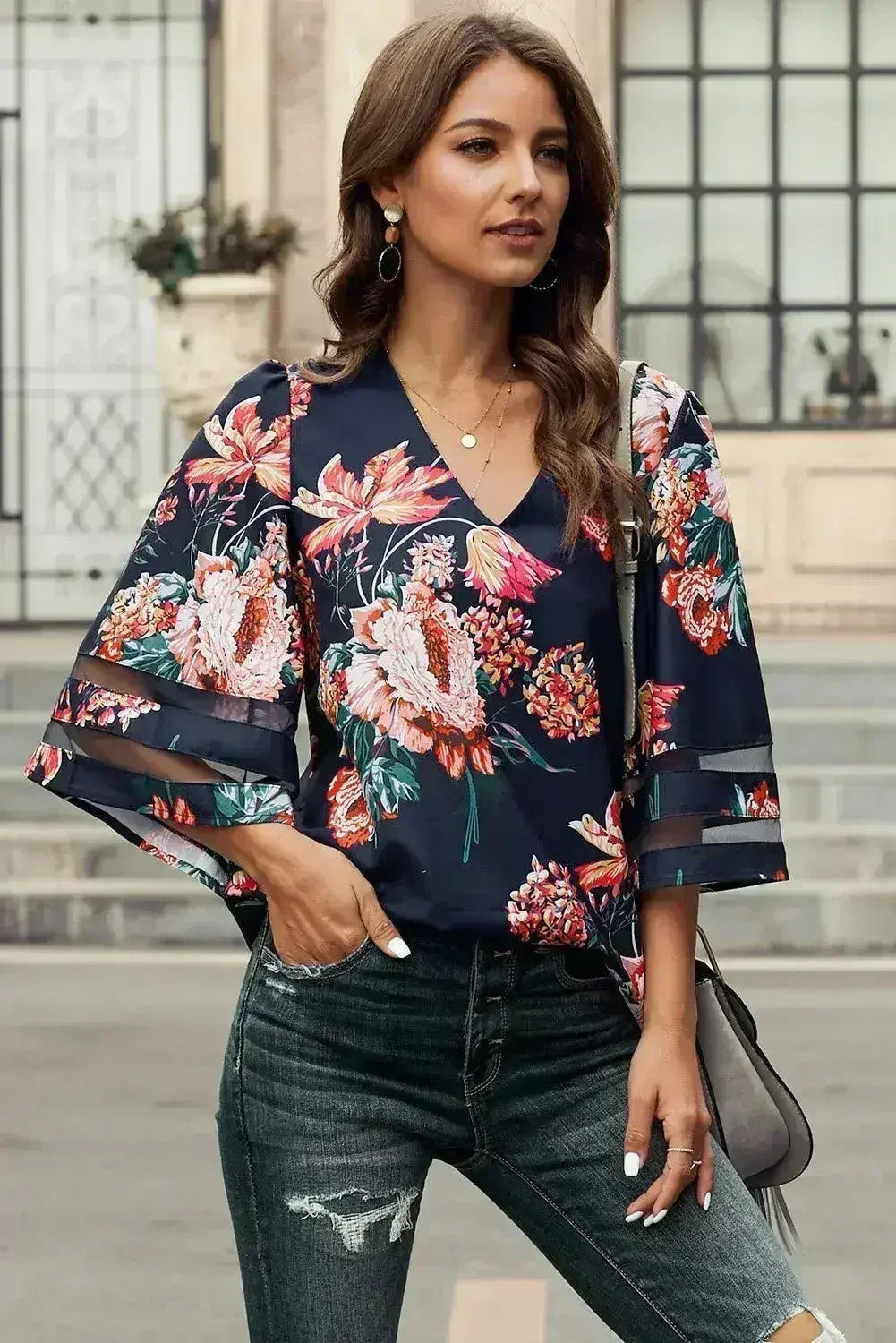 Chic Red 3/4 Flared Sleeve Floral Chiffon Blouse | Femstylo - SJB-DIAMOND ELITES