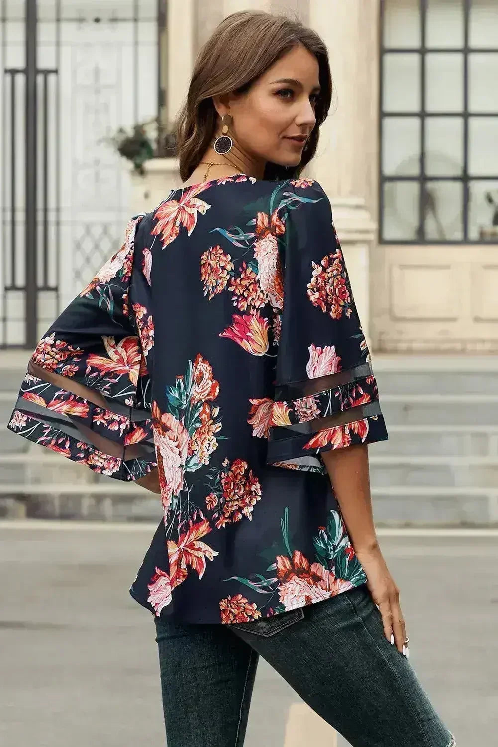 Chic Red 3/4 Flared Sleeve Floral Chiffon Blouse | Femstylo - SJB-DIAMOND ELITES