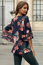 Chic Red 3/4 Flared Sleeve Floral Chiffon Blouse | Femstylo - SJB-DIAMOND ELITES