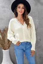 Chic White Lace V Neck Knitted Pullover Sweater - SJB-DIAMOND ELITES