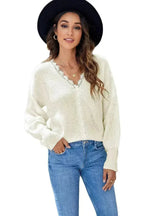 Chic White Lace V Neck Knitted Pullover Sweater - SJB-DIAMOND ELITES