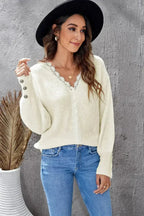 Chic White Lace V Neck Knitted Pullover Sweater - SJB-DIAMOND ELITES