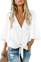 Chic White V Neck Flare Sleeve Button Tie Blouse Top | Femstylo - SJB-DIAMOND ELITES