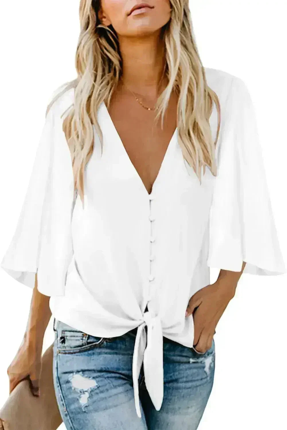 Chic White V Neck Flare Sleeve Button Tie Blouse Top | Femstylo - SJB-DIAMOND ELITES