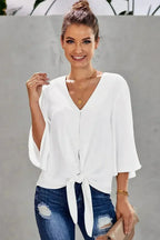Chic White V Neck Flare Sleeve Button Tie Blouse Top | Femstylo - SJB-DIAMOND ELITES