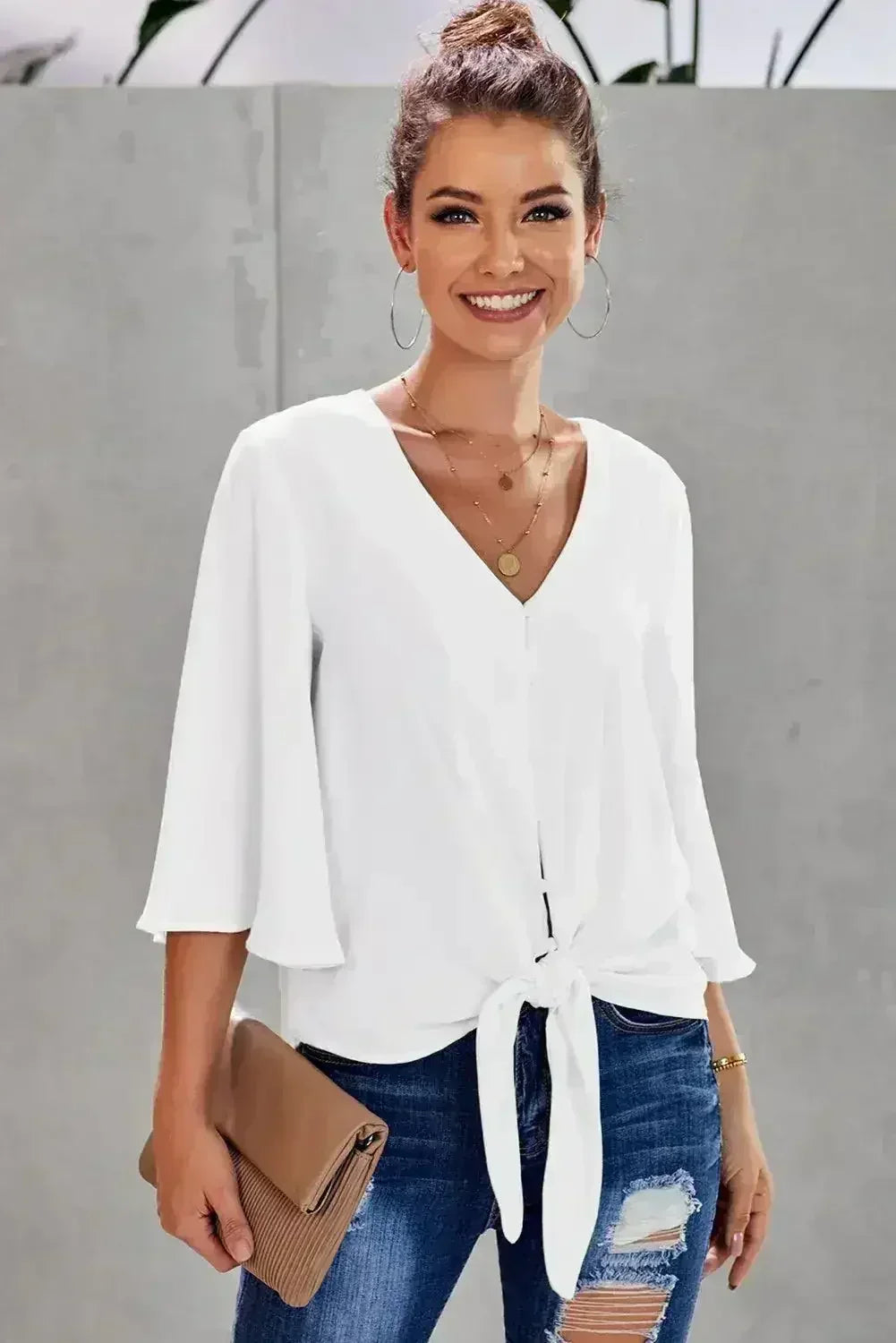 Chic White V Neck Flare Sleeve Button Tie Blouse Top | Femstylo - SJB-DIAMOND ELITES