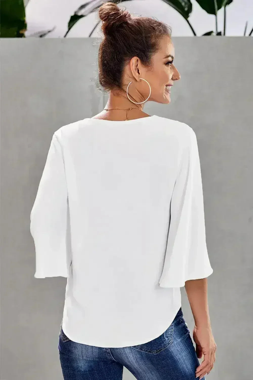Chic White V Neck Flare Sleeve Button Tie Blouse Top | Femstylo - SJB-DIAMOND ELITES