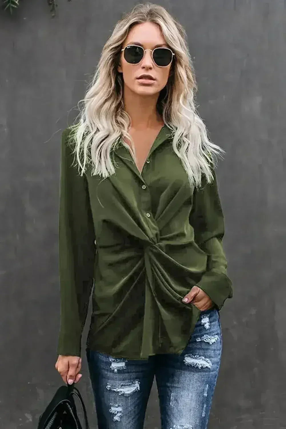 Classic Styles Green Button Down Twist Blouse | Femstylo - SJB-DIAMOND ELITES
