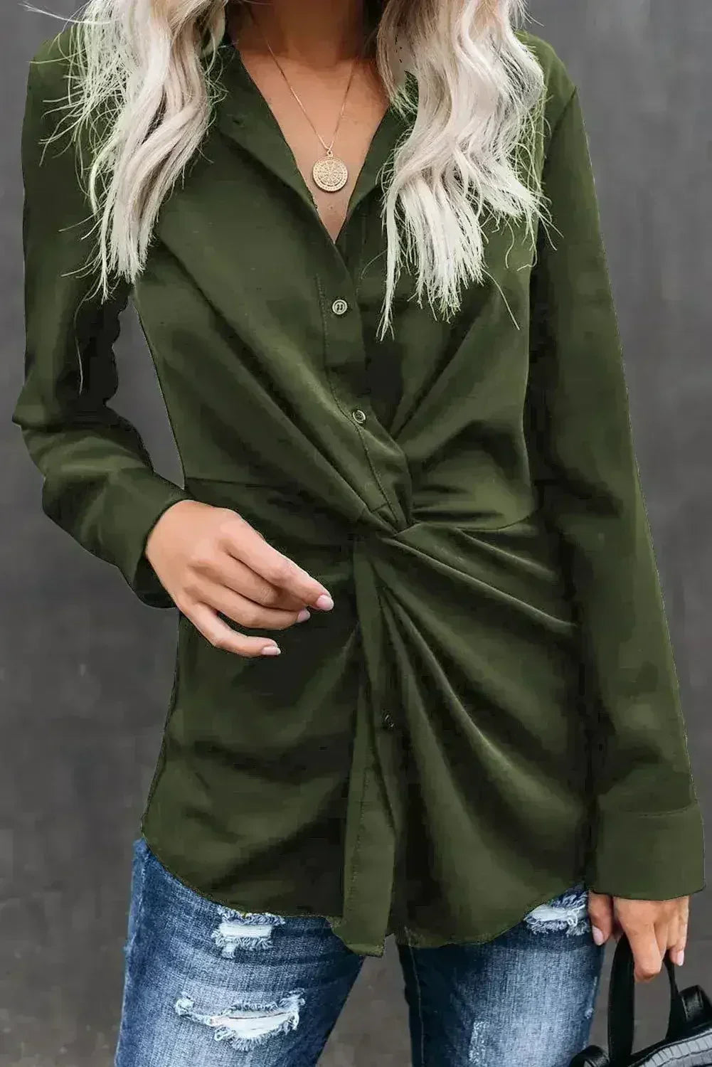 Classic Styles Green Button Down Twist Blouse | Femstylo - SJB-DIAMOND ELITES