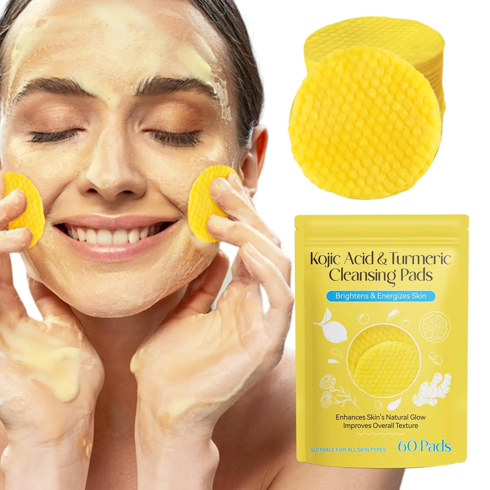 60PCS Turmeric Kojic Acid PadsTurmeric Kojic Acid Cleansing Pads Face Turmeric & Kojic Acid Pads Turmeric Cleansing Pads for Dark Spots Turmeric Pads Infused Foaming Exfoliating Pads Pi-Mart