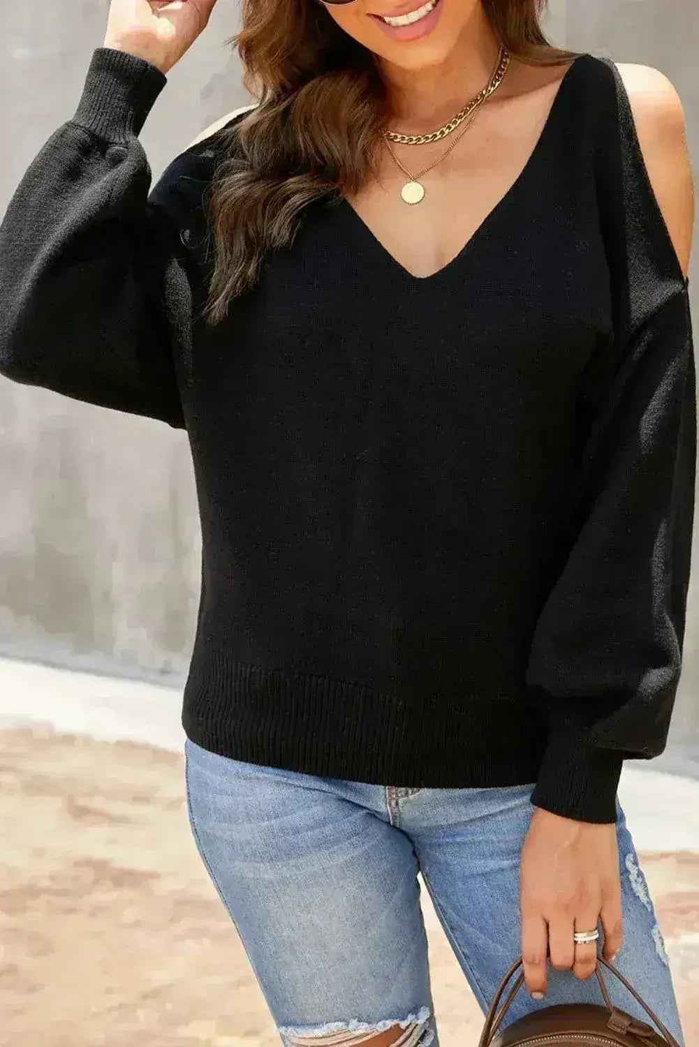 Black Cold Shoulder Sweater - SJB-DIAMOND ELITES