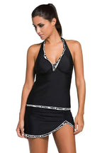 Contrast White Trim Black Halter Tankini Skort Swimsuit