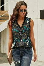Casual Black V Neck Lace Trim Floral Tank - SJB-DIAMOND ELITES