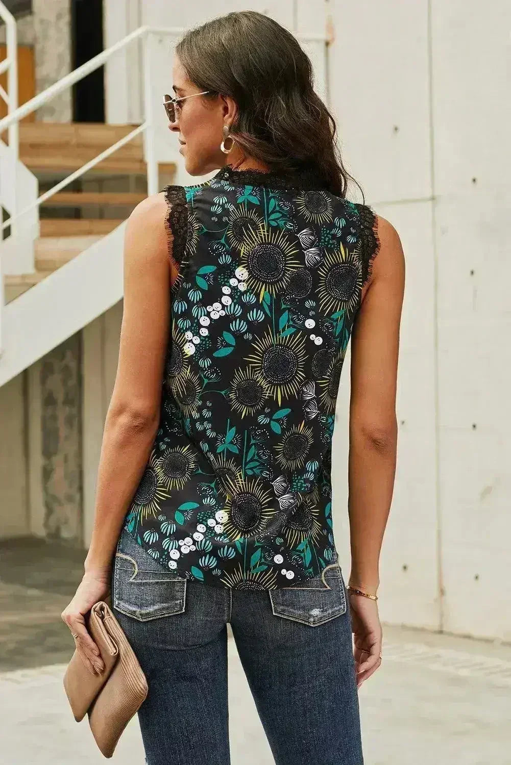 Casual Black V Neck Lace Trim Floral Tank - SJB-DIAMOND ELITES