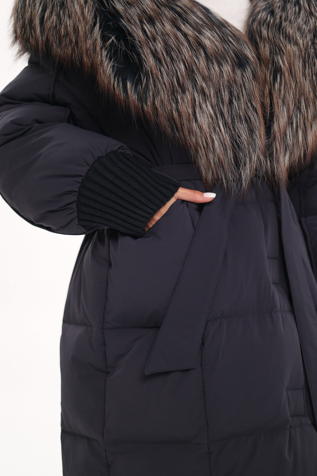 Rei Genuine Fur Trim Hooded Down Coat in Navy - SJB-DIAMOND ELITES