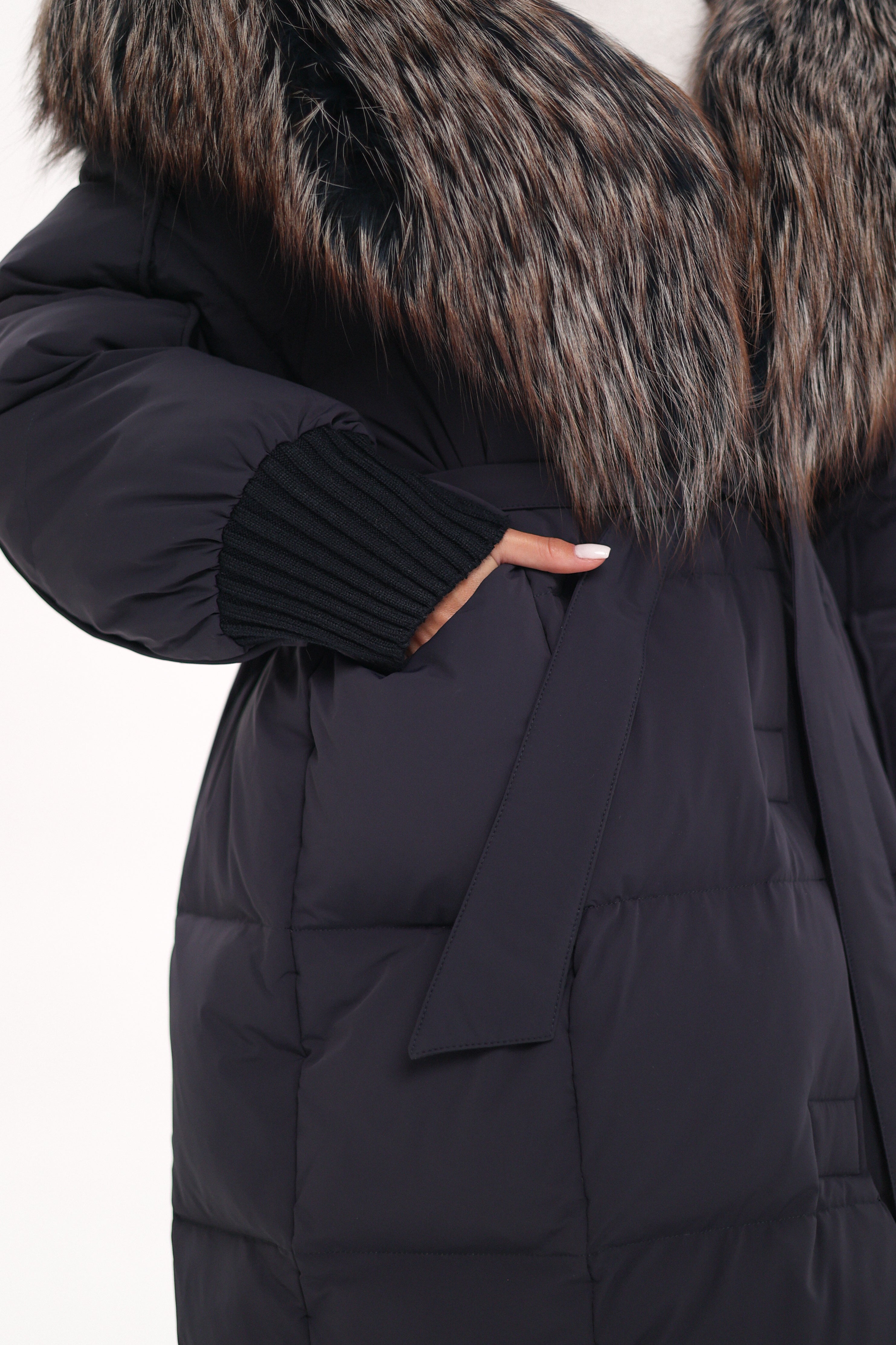 Rei Genuine Fur Trim Hooded Down Coat in Navy - SJB-DIAMOND ELITES