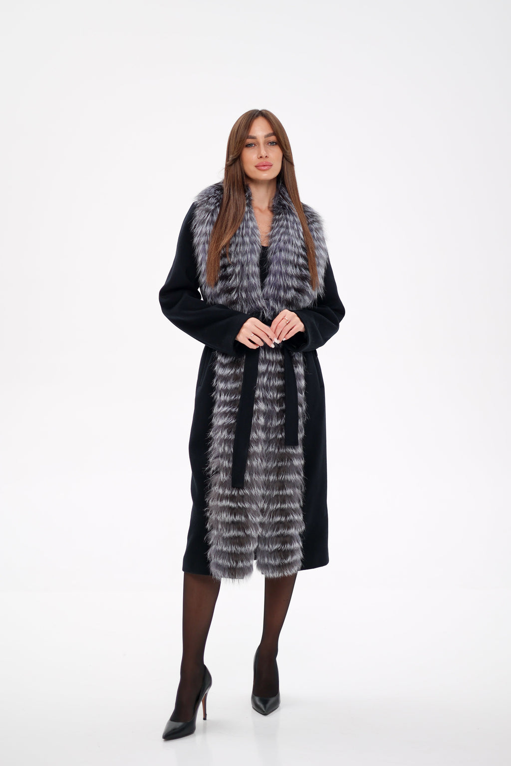 Genuine Silver Fox Virgin Wool Wrap Coat in Black - SJB-DIAMOND ELITES