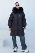 Dakota Genuine Fur Trim Down Fill Coat in Chocolate