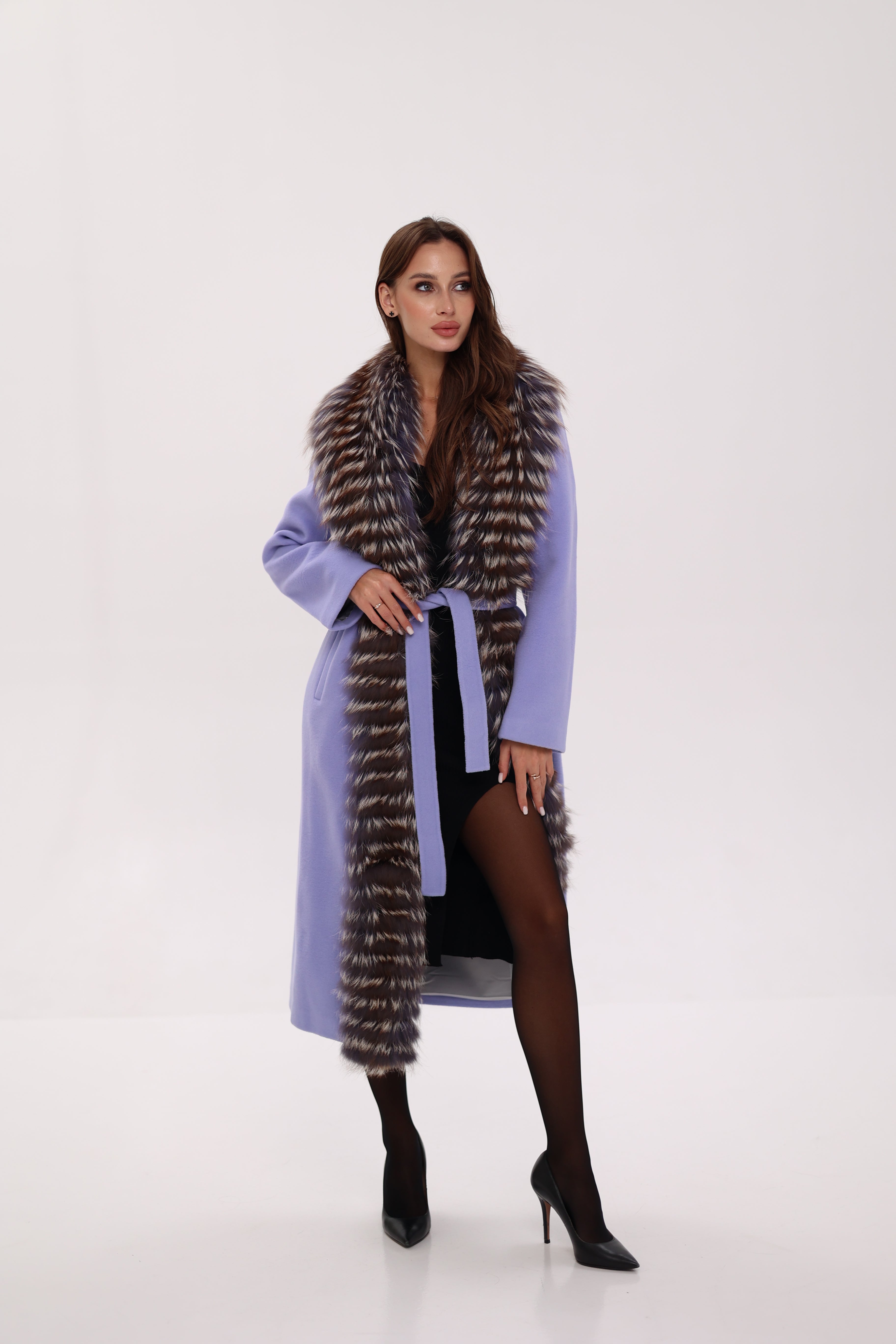 Genuine Silver Fox Virgin Wool Wrap Coat in Lavender - SJB-DIAMOND ELITES