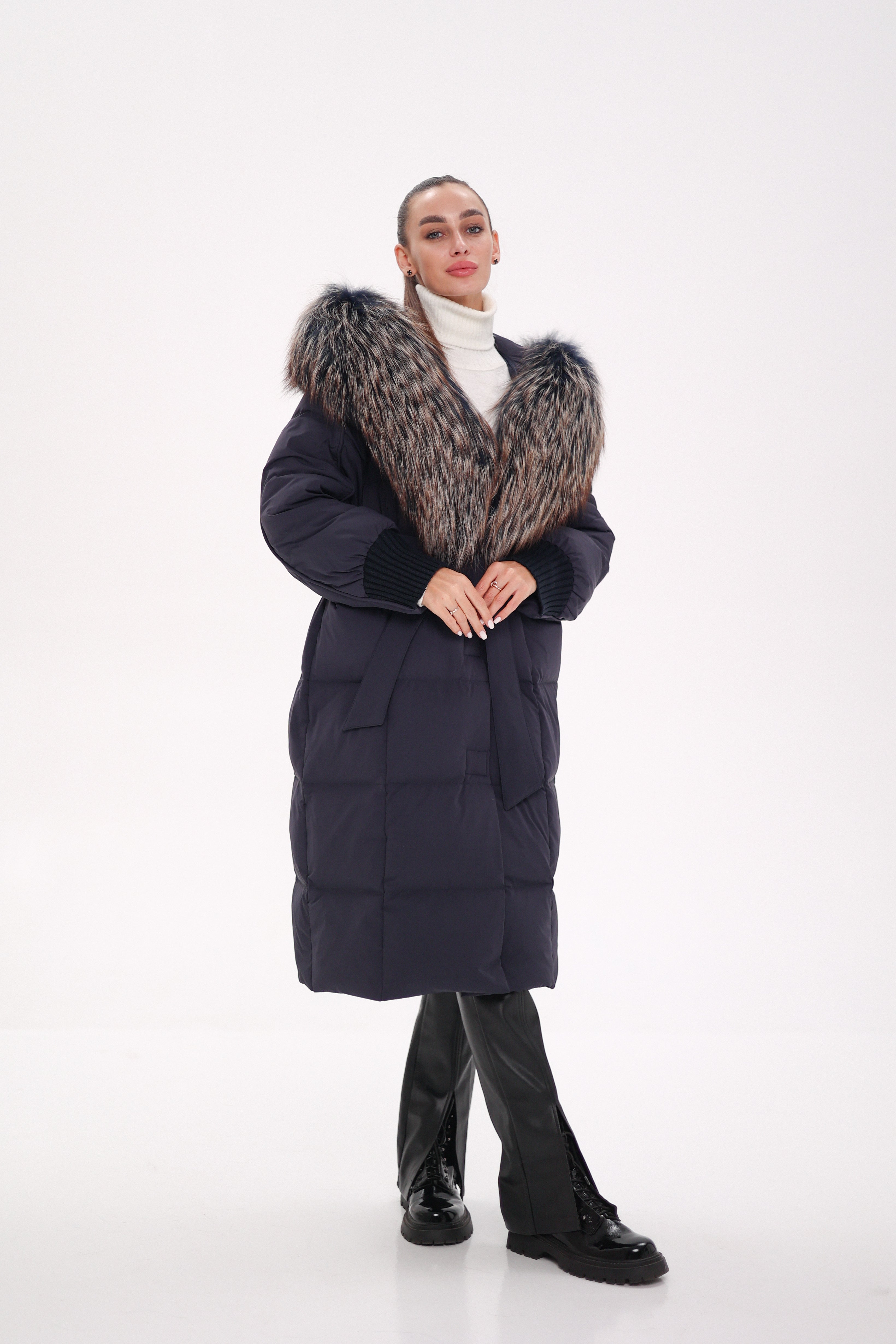 Rei Genuine Fur Trim Hooded Down Coat in Navy - SJB-DIAMOND ELITES