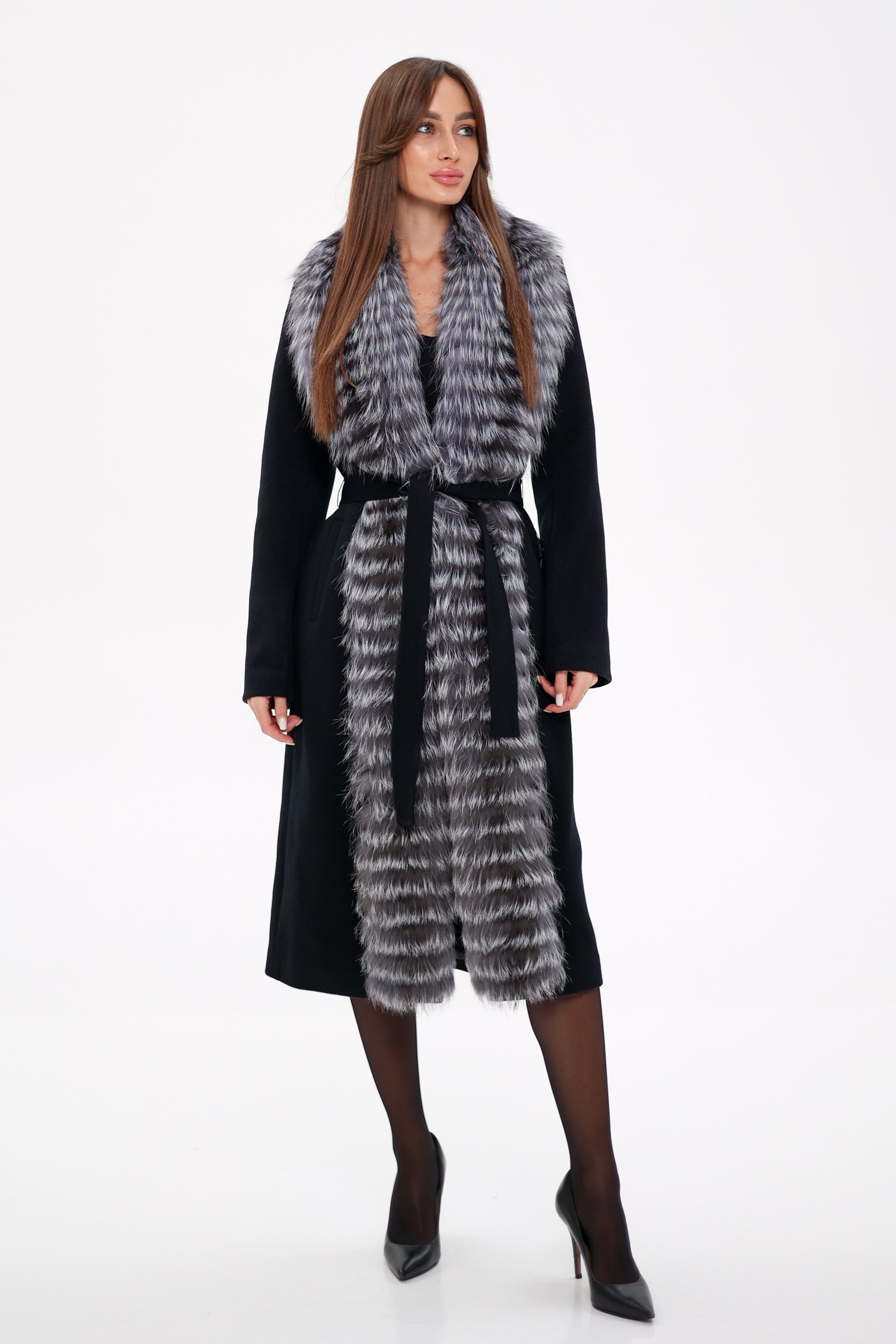 Genuine Silver Fox Virgin Wool Wrap Coat in Black - SJB-DIAMOND ELITES