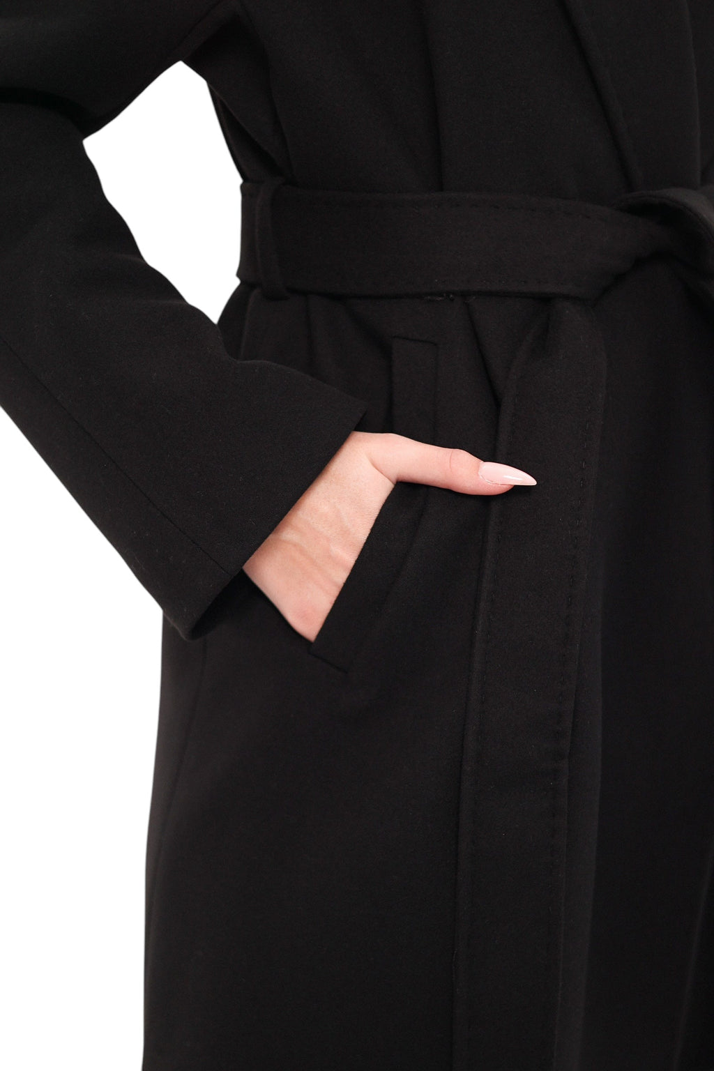 Pre-Order. Re-Stock Ships February 2026. Cambridge Comfort Wraparound Wool Cashmere Coat in Black