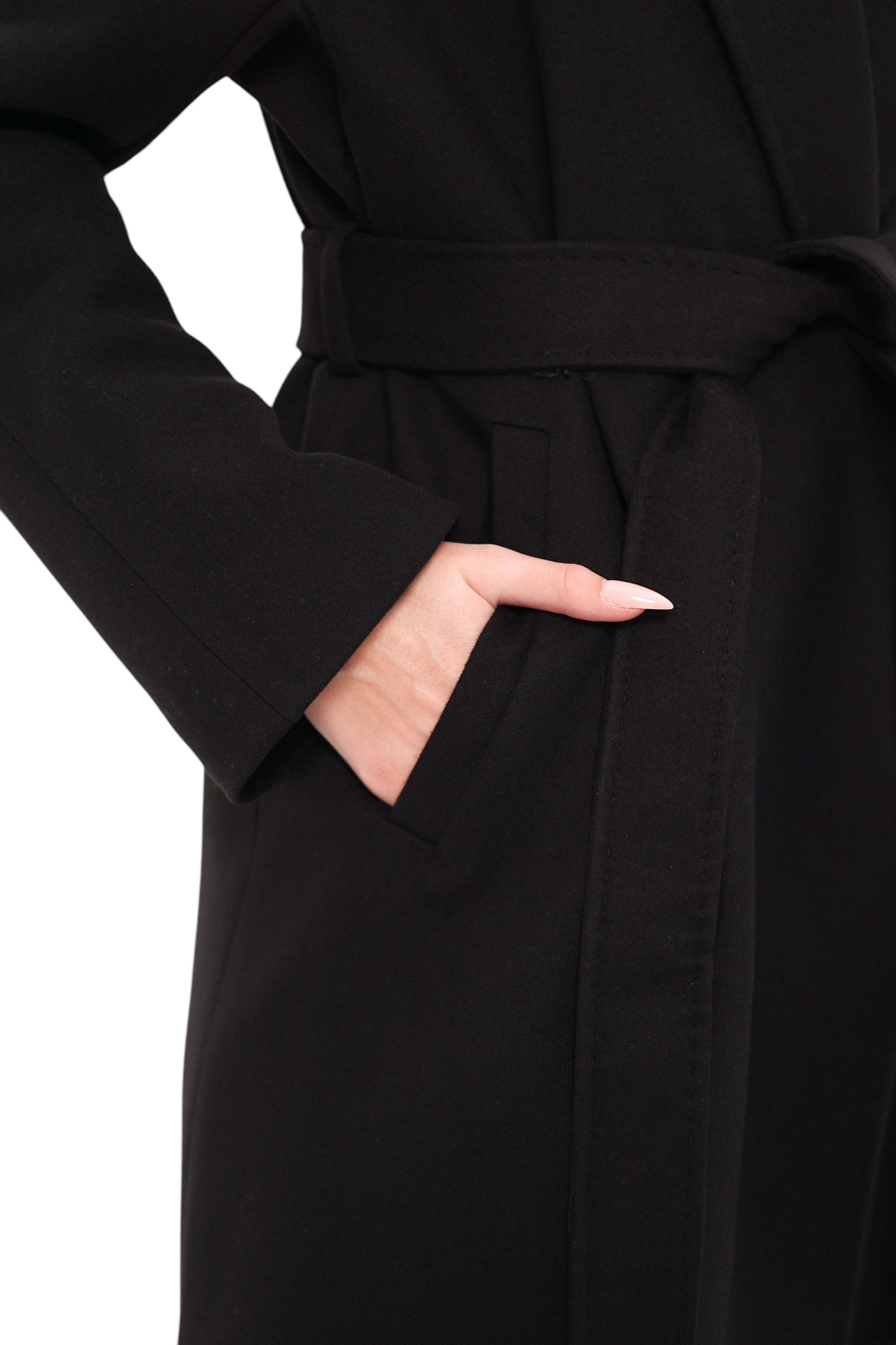 Pre-Order. Re-Stock Ships February 2026. Cambridge Comfort Wraparound Wool Cashmere Coat in Black