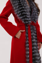 Genuine Silver Fox Virgin Wool Wrap Coat in Red - SJB-DIAMOND ELITES