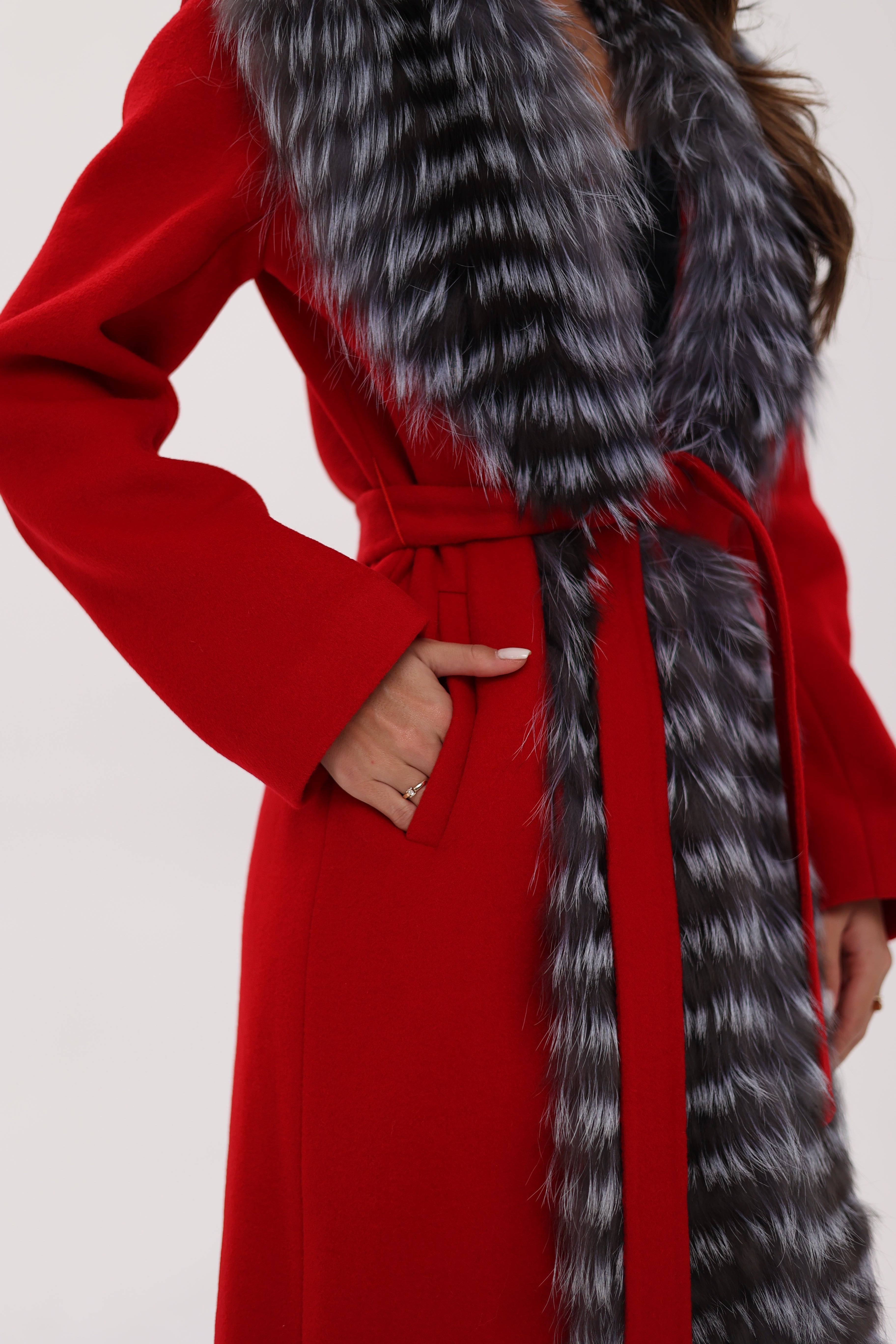 Genuine Silver Fox Virgin Wool Wrap Coat in Red - SJB-DIAMOND ELITES