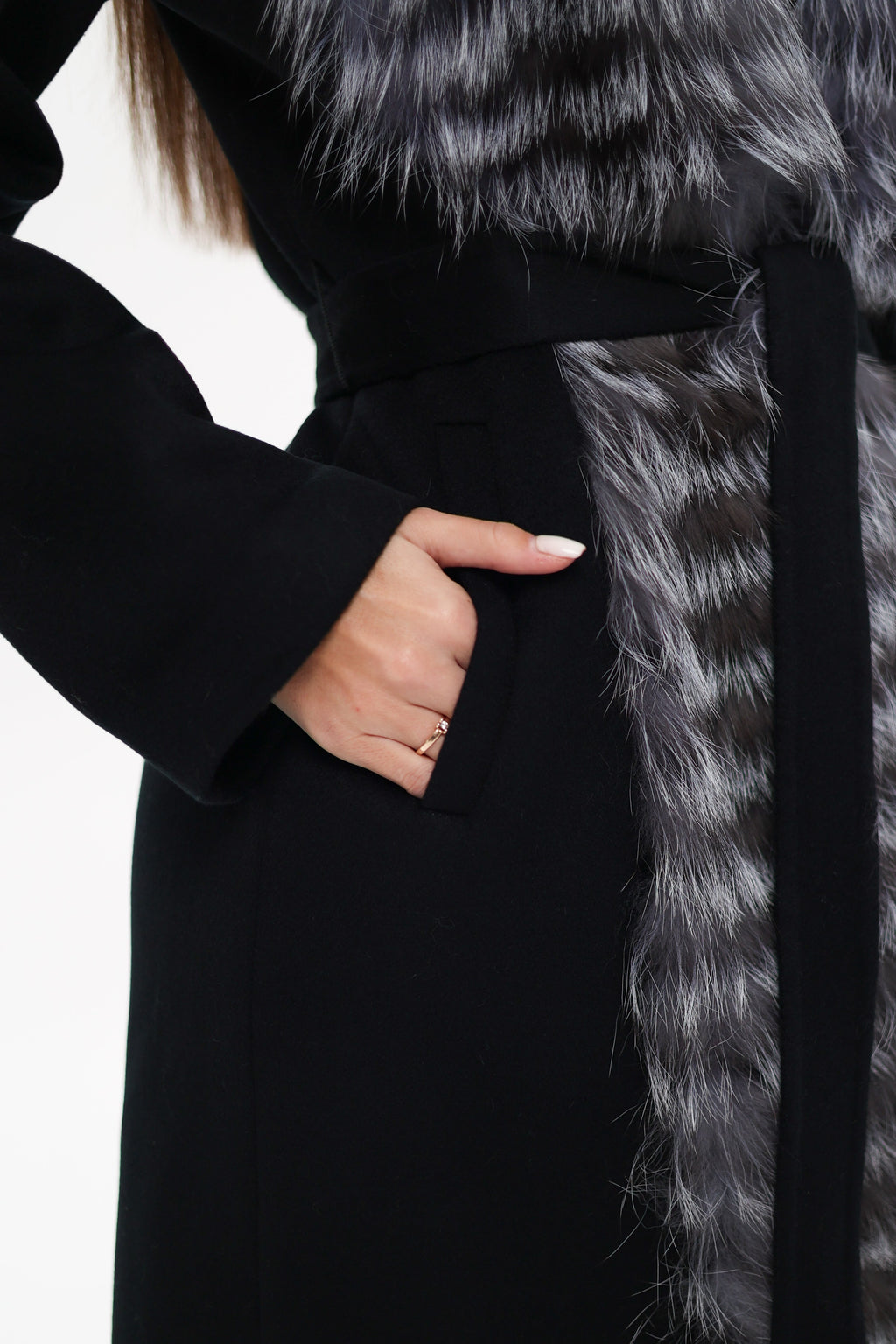 Genuine Silver Fox Virgin Wool Wrap Coat in Black - SJB-DIAMOND ELITES