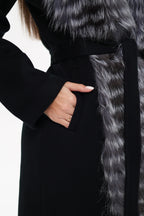 Genuine Silver Fox Virgin Wool Wrap Coat in Black - SJB-DIAMOND ELITES
